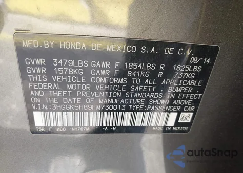 2015 Honda Fit Ex/Exl из США, поврежденный, VIN 3HGGK5H89FM730013